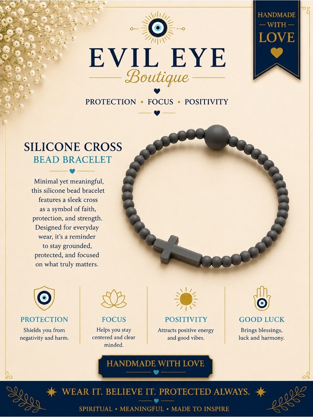 Evil Eye Boutique Silicone Cross Bead Bracelet - Charcoal Gray